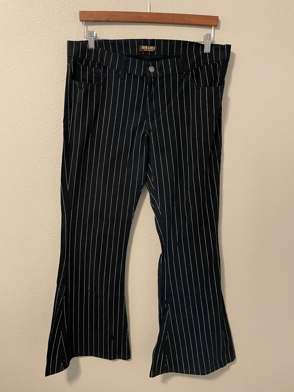 Run & Fly Pants Womens 14 Black White Pinstripe Flare Bell Bottom England NWT